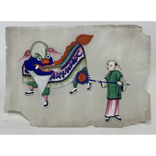 1086 - A Chinese pith picture, a figure and a dragon, 15 x 10 cm, and four others, various losses, a Chines... 