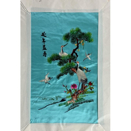 1083 - A Japanese fan picture, 50 cm wide, and a modern Japanese print, 33 x 50, a modern Chinese embroider... 