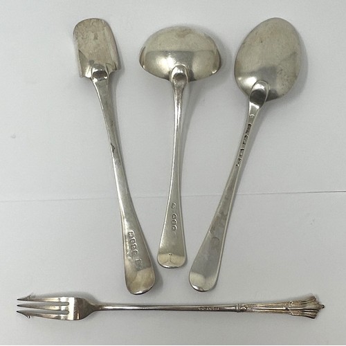 199 - A George III silver cheese scoop, an Old English pattern ladle, an Old English pattern spoon, and a ... 