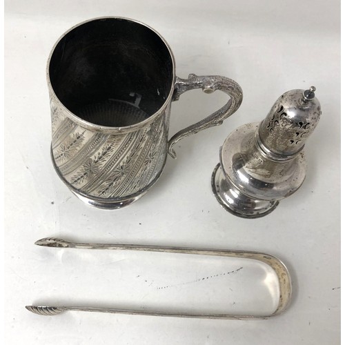 205 - A pair of silver bright cut sugar tongs, a silver pepper pot, and a silver christening cup, 6.6 ozt ... 