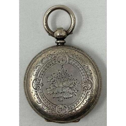 337 - A Continental silver coloured metal fob watch, and a compact (2)