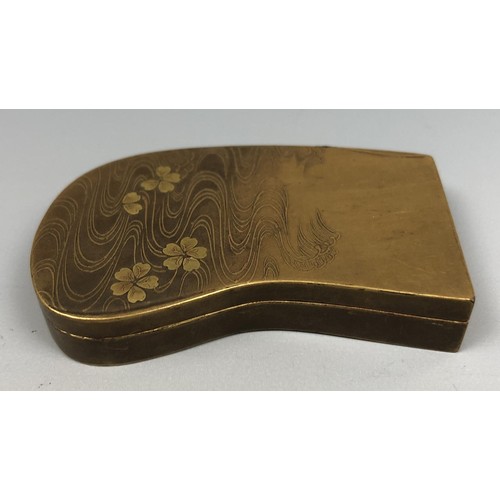 1089 - A Japanese lacquered box and cover, of shaped rectangular form, decorated flowers in a lake, 6 cm wi... 