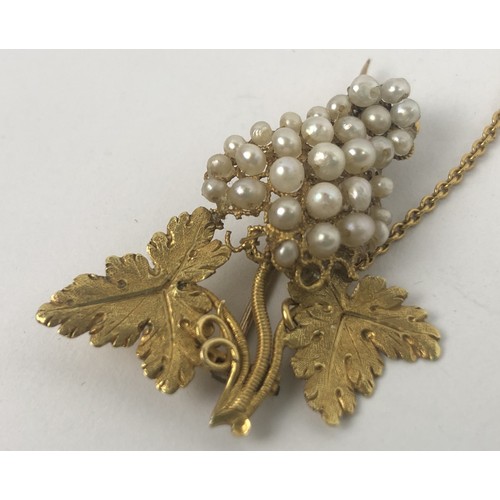 419 - A yellow coloured metal and seed pearl brooch, in the form of bunch of grapes