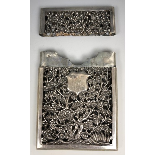 293 - A Chinese silver coloured metal visiting card case, initialled, pierced prunus decoration, 11.5 cm