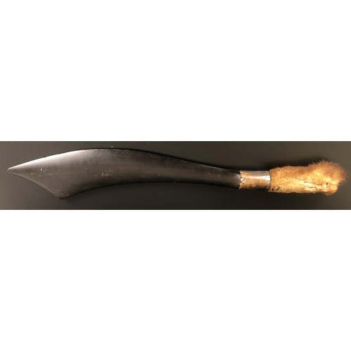 296 - A silver mounted novelty carved wood and fur letter opener, in the form of a scimitar, 42 cm