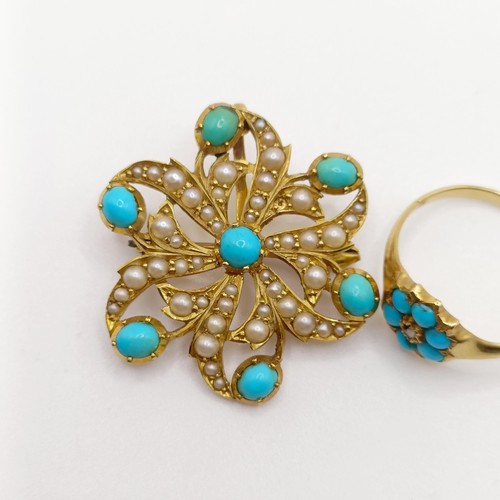 411 - A 15ct gold seed pearl and turquoise brooch, and a similar ring (2)