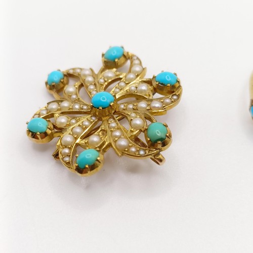 411 - A 15ct gold seed pearl and turquoise brooch, and a similar ring (2)