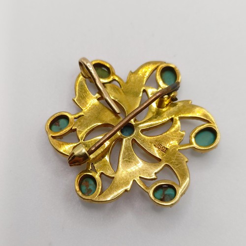 411 - A 15ct gold seed pearl and turquoise brooch, and a similar ring (2)