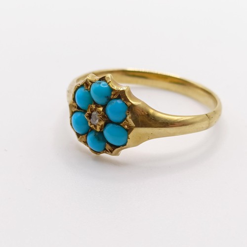 411 - A 15ct gold seed pearl and turquoise brooch, and a similar ring (2)