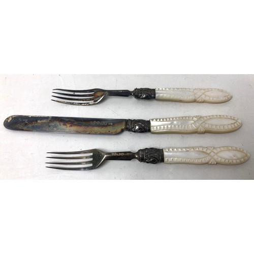 235 - A set of Victorian silver fruit knives and forks, with mother of pearl handles, Sheffield 1862/3, in... 