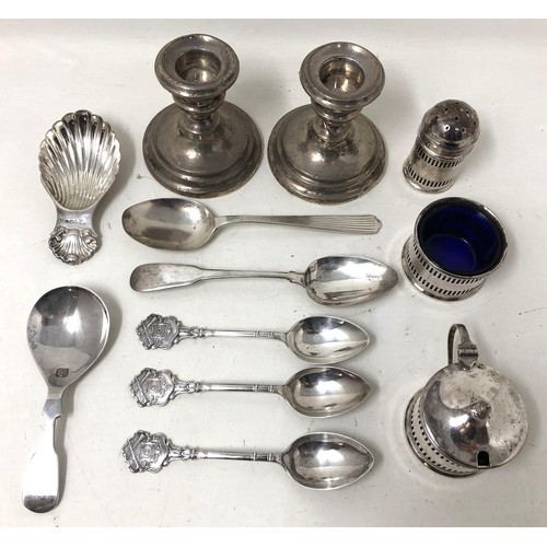 240 - A Georgian style silver caddy spoon, another, assorted teaspoons, various dates and marks, 3.4 ozt, ... 