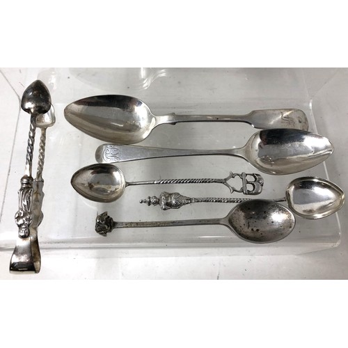 242 - A set of three silver salts, assorted spoons and a pierced dish, various dates and marks (13)