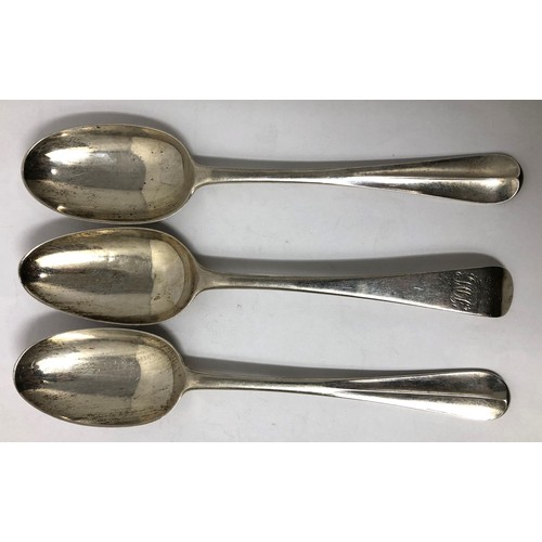 249 - A pair of Victorian silver Hanoverian or rat tail table spoons, London 1898, and another similar, 6.... 