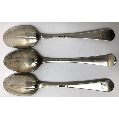 249 - A pair of Victorian silver Hanoverian or rat tail table spoons, London 1898, and another similar, 6.... 