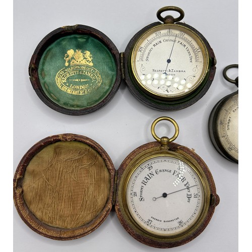 365 - A pocket barometer, by Negretti & Zambra of London, No 18499, cased, another, cased, and another... 