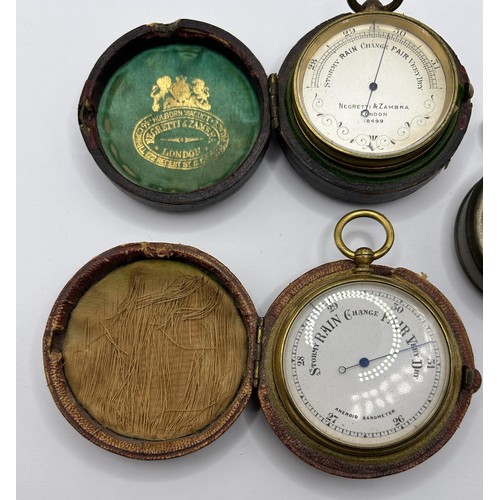 365 - A pocket barometer, by Negretti & Zambra of London, No 18499, cased, another, cased, and another... 