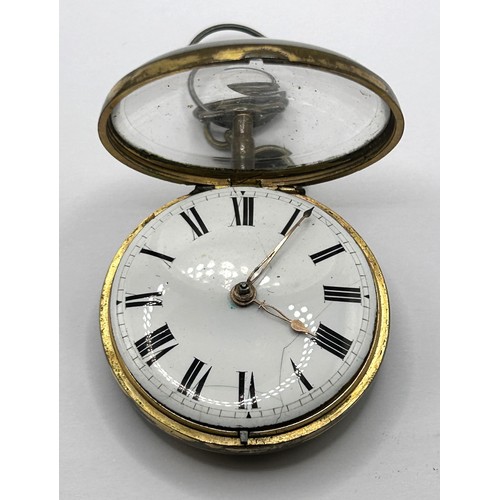 380 - An 18th century pair cased pocket watch, the enamel dial with Roman numerals, the movement signed Jn... 