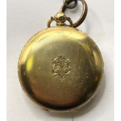 383 - An 18ct gold fob watch, the gilt dial with Roman numerals