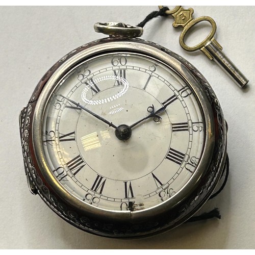 386 - An 18th century silver pair cased pocket watch, the enamel dial with Roman numerals, the movement si... 