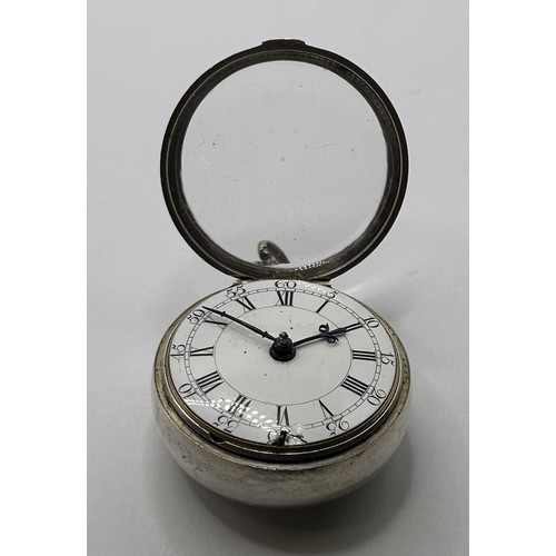 386 - An 18th century silver pair cased pocket watch, the enamel dial with Roman numerals, the movement si... 