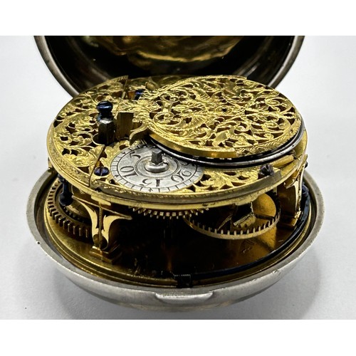 386 - An 18th century silver pair cased pocket watch, the enamel dial with Roman numerals, the movement si... 