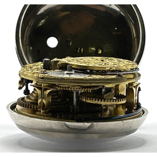 386 - An 18th century silver pair cased pocket watch, the enamel dial with Roman numerals, the movement si... 