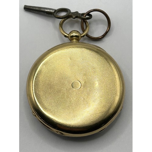 384 - An 18ct gold open face pocket watch, the enamel dial with Roman numerals, the dust cap with engraved... 