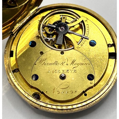 384 - An 18ct gold open face pocket watch, the enamel dial with Roman numerals, the dust cap with engraved... 