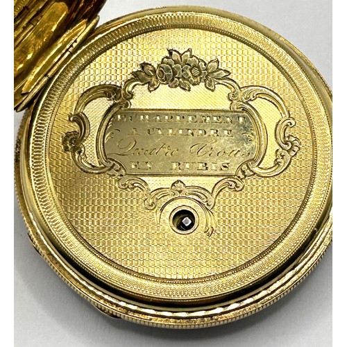 384 - An 18ct gold open face pocket watch, the enamel dial with Roman numerals, the dust cap with engraved... 