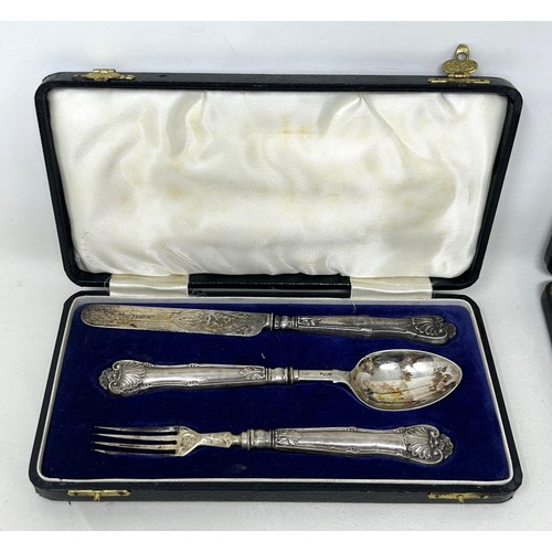 311 - A set of six silver coffee spoons, cased, a pair of salts, a knife, fork and spoon, a mustard pot, t... 