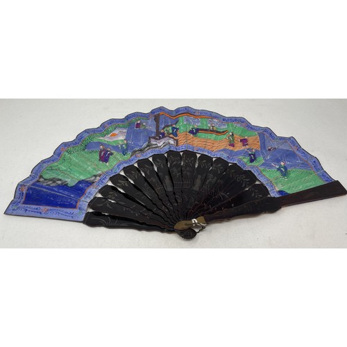 801 - A lacquered fan, decorated figures, paper painted interior scene, 11 cm, boxed, and two other fans (... 