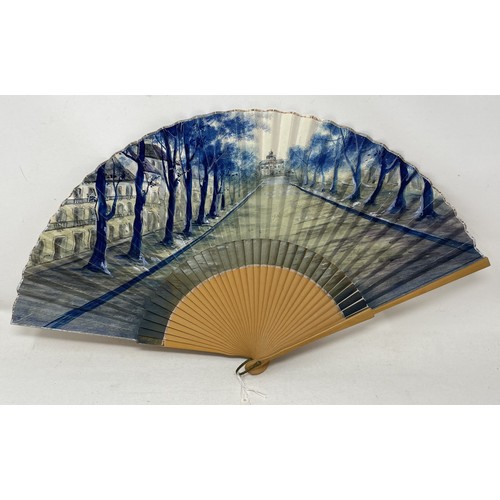 801 - A lacquered fan, decorated figures, paper painted interior scene, 11 cm, boxed, and two other fans (... 