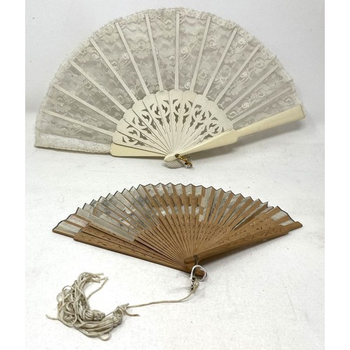 807 - A carved ebony fan, lace painted flowers, 36 cm, and five other fans  (6)