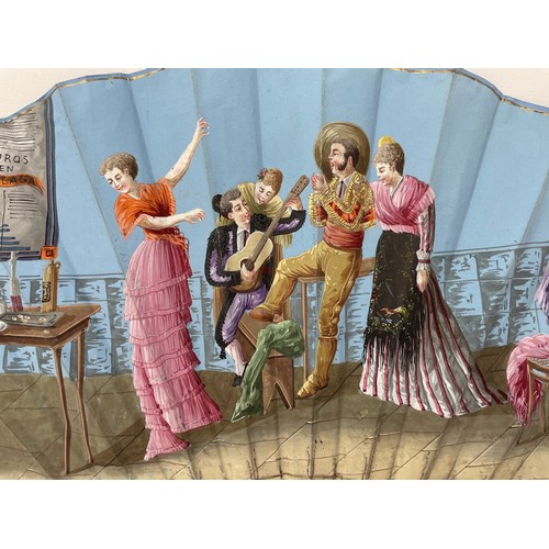 808 - A painted wooden fan, painted a tavern scene, 29 cm, and four other fans (5)