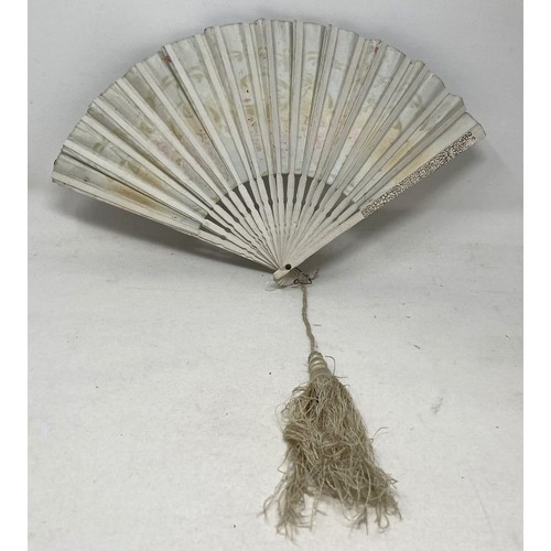 808 - A painted wooden fan, painted a tavern scene, 29 cm, and four other fans (5)