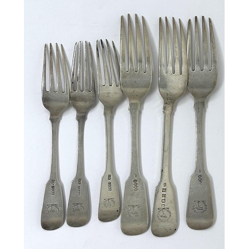 314 - ***WITHDRAWN*** A George III silver fiddle pattern fork, four other silver forks, various dates and ... 