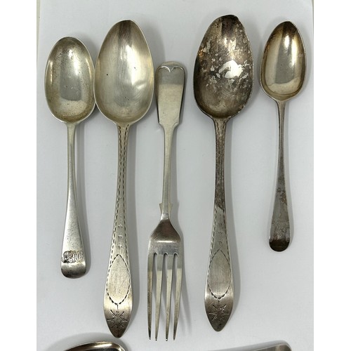 316 - A pair of sterling silver coloured metal spoons, three other silver spoons, 7.4 ozt and four silver ... 