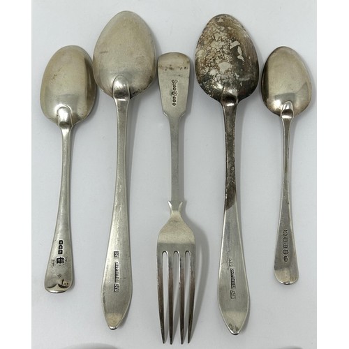 316 - A pair of sterling silver coloured metal spoons, three other silver spoons, 7.4 ozt and four silver ... 