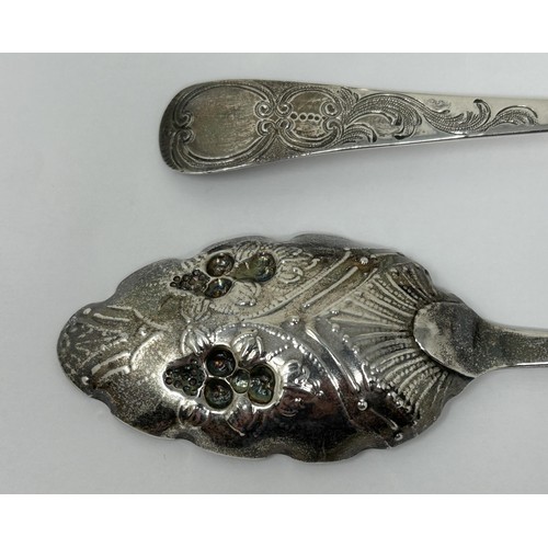 318 - A pair of George III silver spoons, later decorated, and another spoon, 5.6 ozt (3)