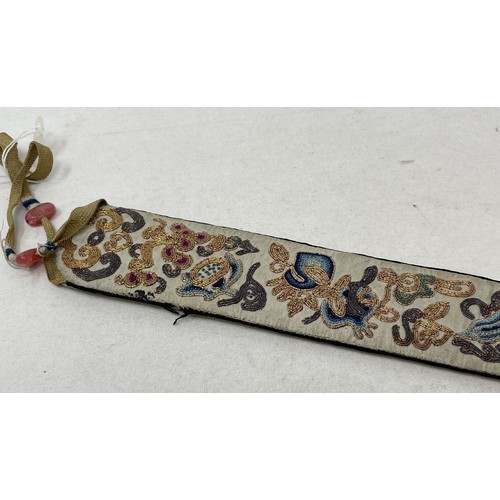 813 - A Chinese silk embroidered fan case, 31 cm