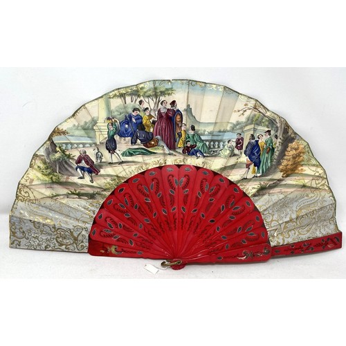 817 - A carved wood fan, silk painted flowers, 25 cm, boxed, and three other fans (4)