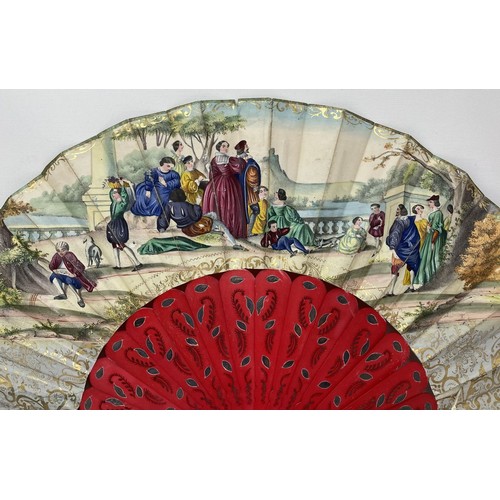 817 - A carved wood fan, silk painted flowers, 25 cm, boxed, and three other fans (4)