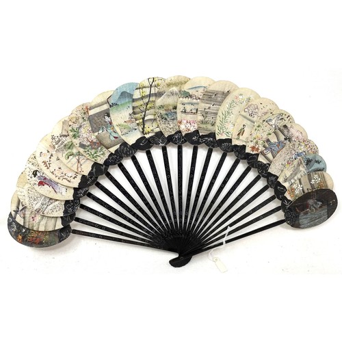 819 - A painted fan, the paper decorated print of military leaders, 23 cm, and four others (5)