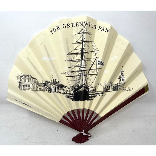 819 - A painted fan, the paper decorated print of military leaders, 23 cm, and four others (5)