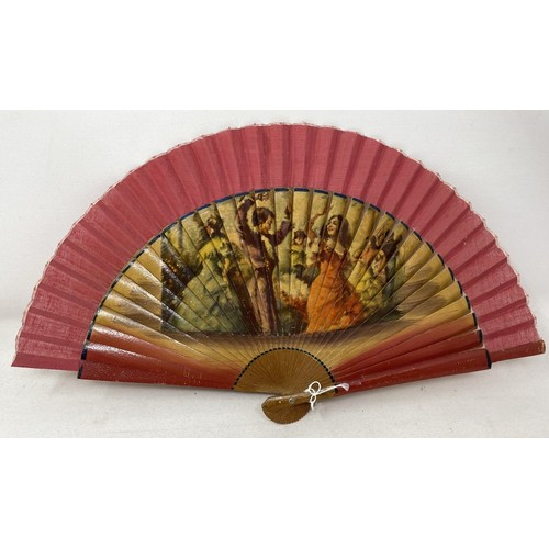 820 - An ebonised fan, the silk painted flowers, 25 cm, boxed, and five other fans (6)