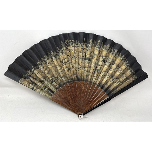 821 - A Chinese carved fan, the paper decorated a landscape, 29 cm, a lacquered fan box, and a lacquered f... 