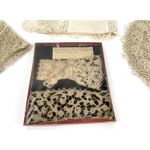 825 - Royalty Interest: A lace glove and a section of lace, with a handwritten note 'Lacework by Queen Cha... 