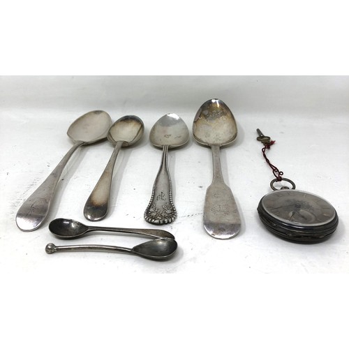 315 - A George III silver Old English pattern spoon, assorted flatware, and a silver plated open face pock... 