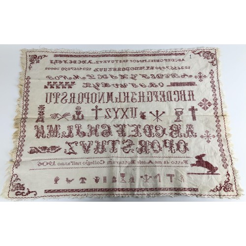 828 - An early 20th century sampler, signed Adele Botturain, dated 1906, 39 x 57 cm