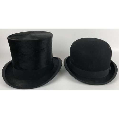 841 - A moleskin top hat, in a hat box, and a bowler hat in a card hat box (2)